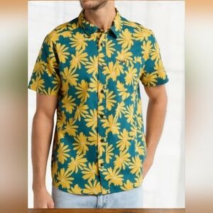 RVCA Men's Shirt Large Floral Hawaiian Button Down Yellow Summer MSRP $66